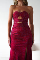 Zohra Cut Out Strapless Rhinestone Gown | Dark Red | Debs & Prom | Formal Gown | Oh Hello Clothing