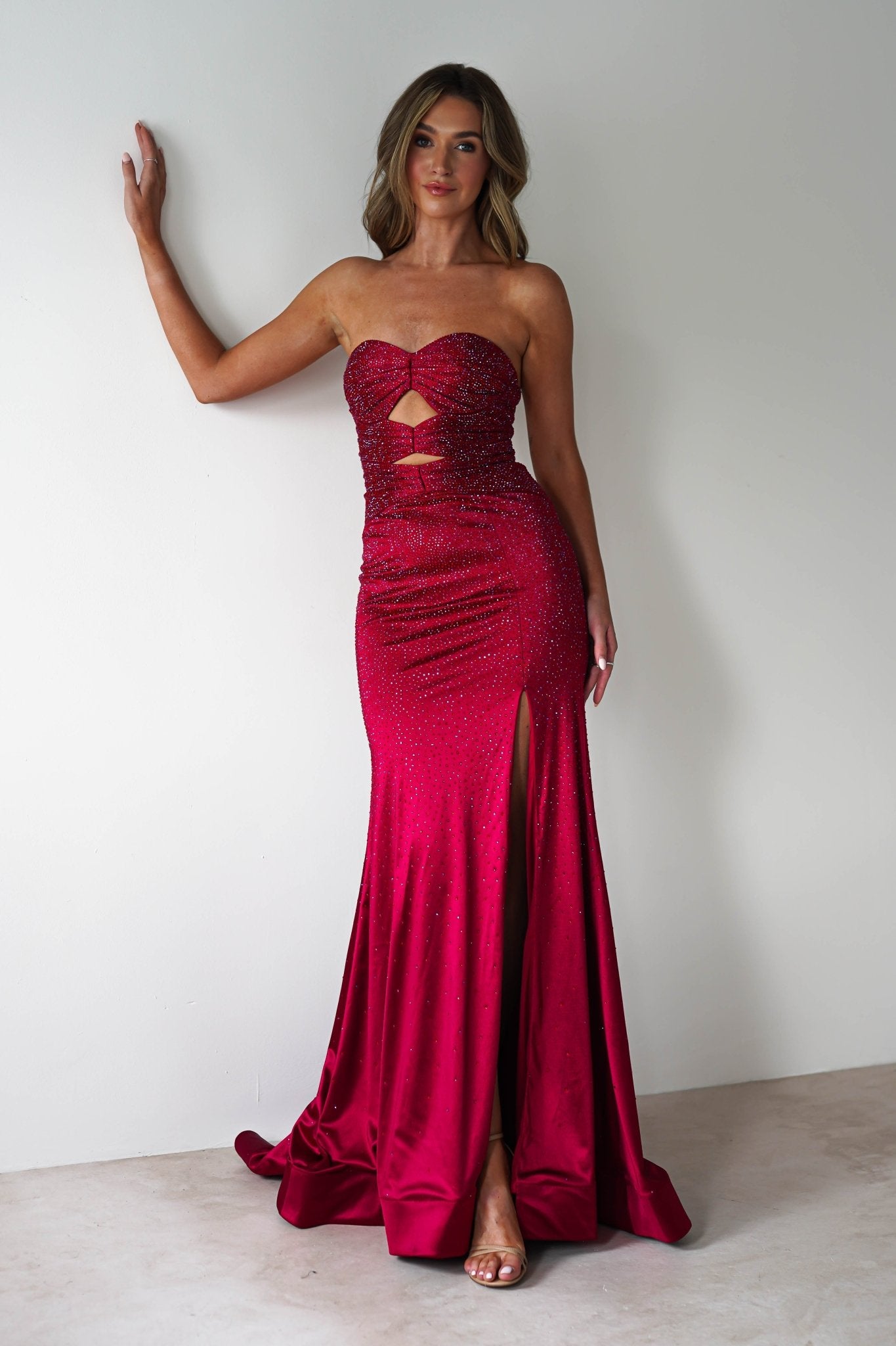 Zohra Cut Out Strapless Rhinestone Gown | Dark Red | Oh Hello Clothing | S (8)