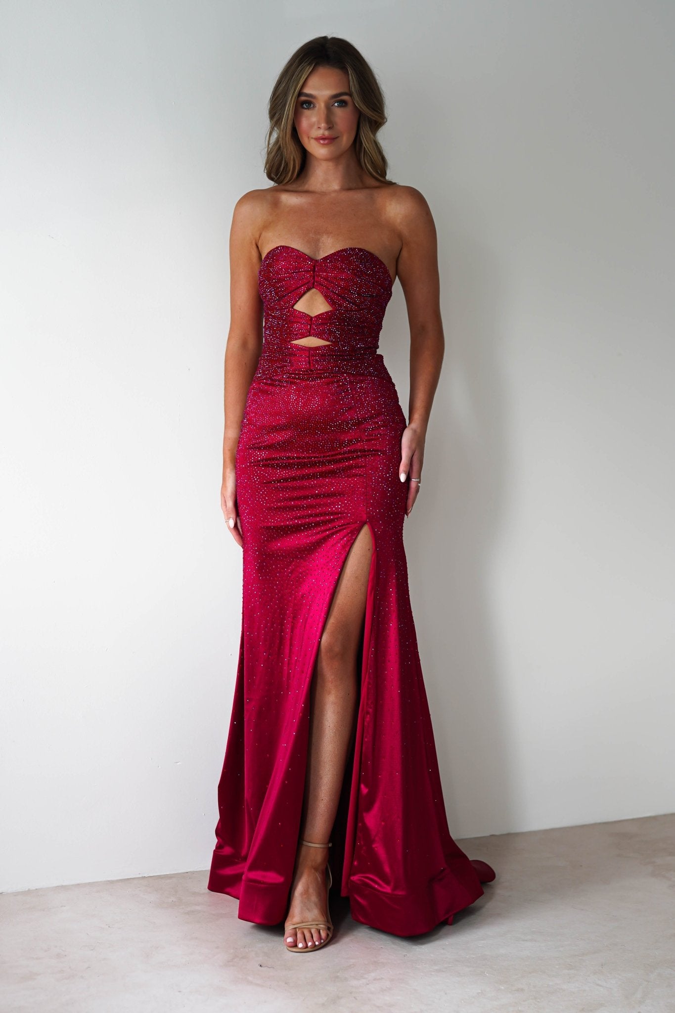 Zohra Cut Out Strapless Rhinestone Gown | Dark Red | Oh Hello Clothing | S (8)