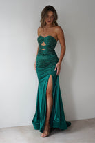 Zohra Cut Out Strapless Rhinestone Gown | Emerald | Debs & Prom | Formal Gown | Oh Hello Clothing