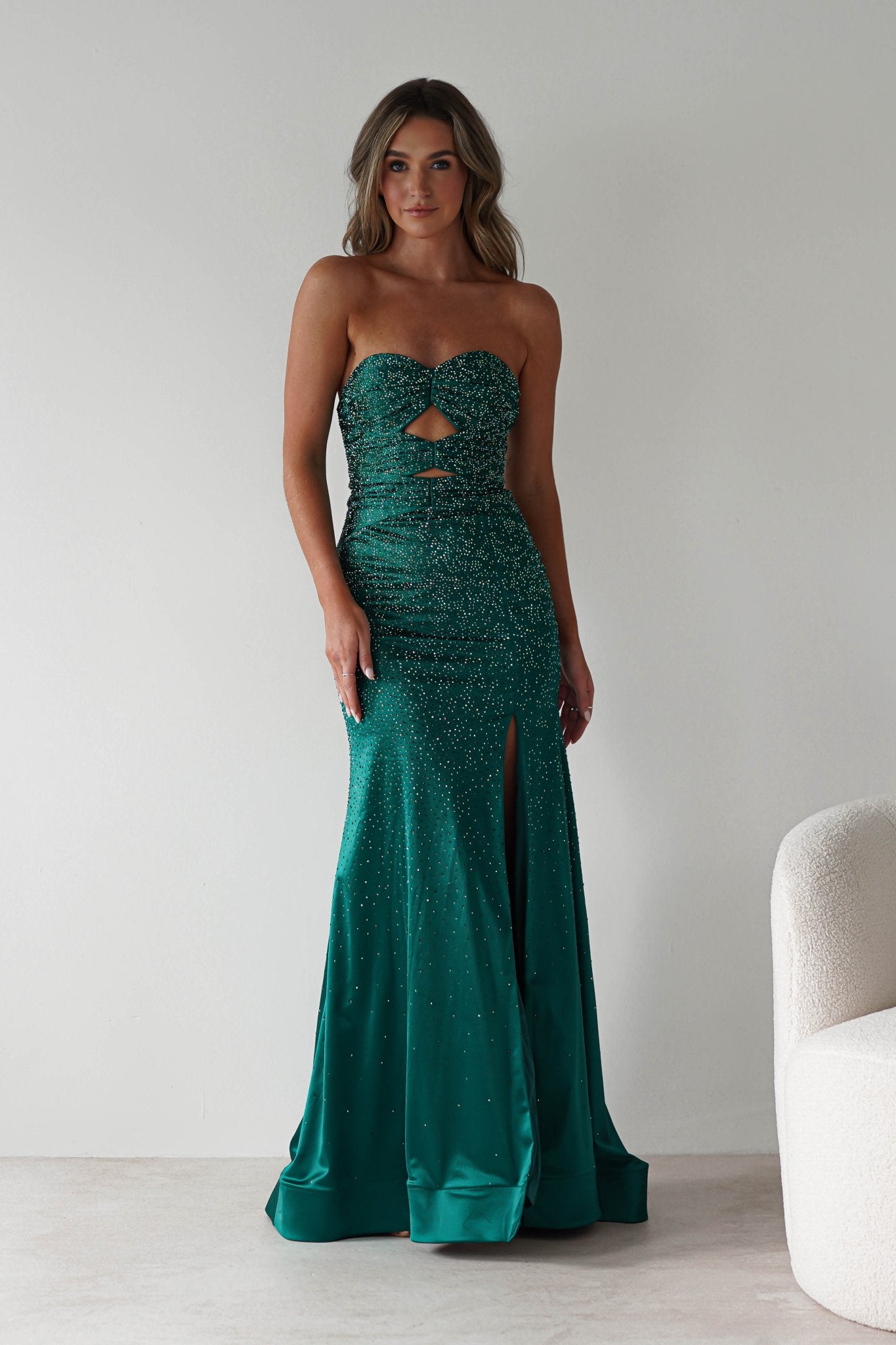 Zohra Cut Out Strapless Rhinestone Gown | Emerald | Oh Hello Clothing | S (8)