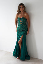 Zohra Cut Out Strapless Rhinestone Gown | Emerald | Debs & Prom | Formal Gown | Oh Hello Clothing