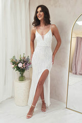 Clabelle Iridescent Sequin Gown | White