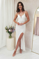 Clabelle Iridescent Sequin Gown | White