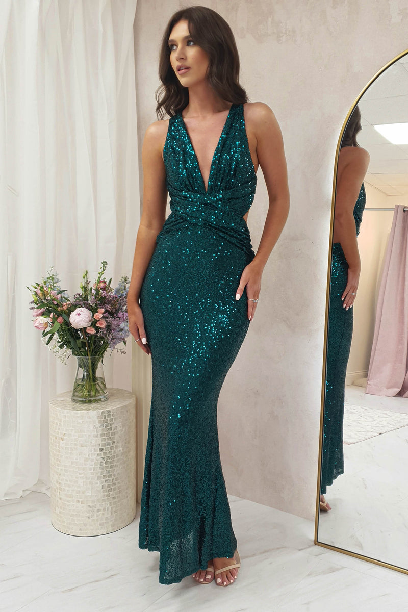 Caprice Sequin Maxi Gown | Hunter Green