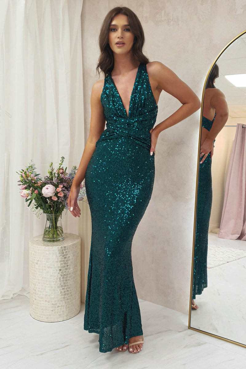 Caprice Sequin Maxi Gown | Hunter Green