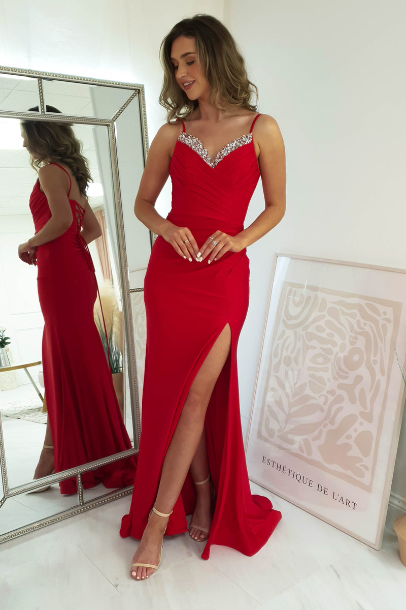 Zoulene Diamante Neckline Gown | Red