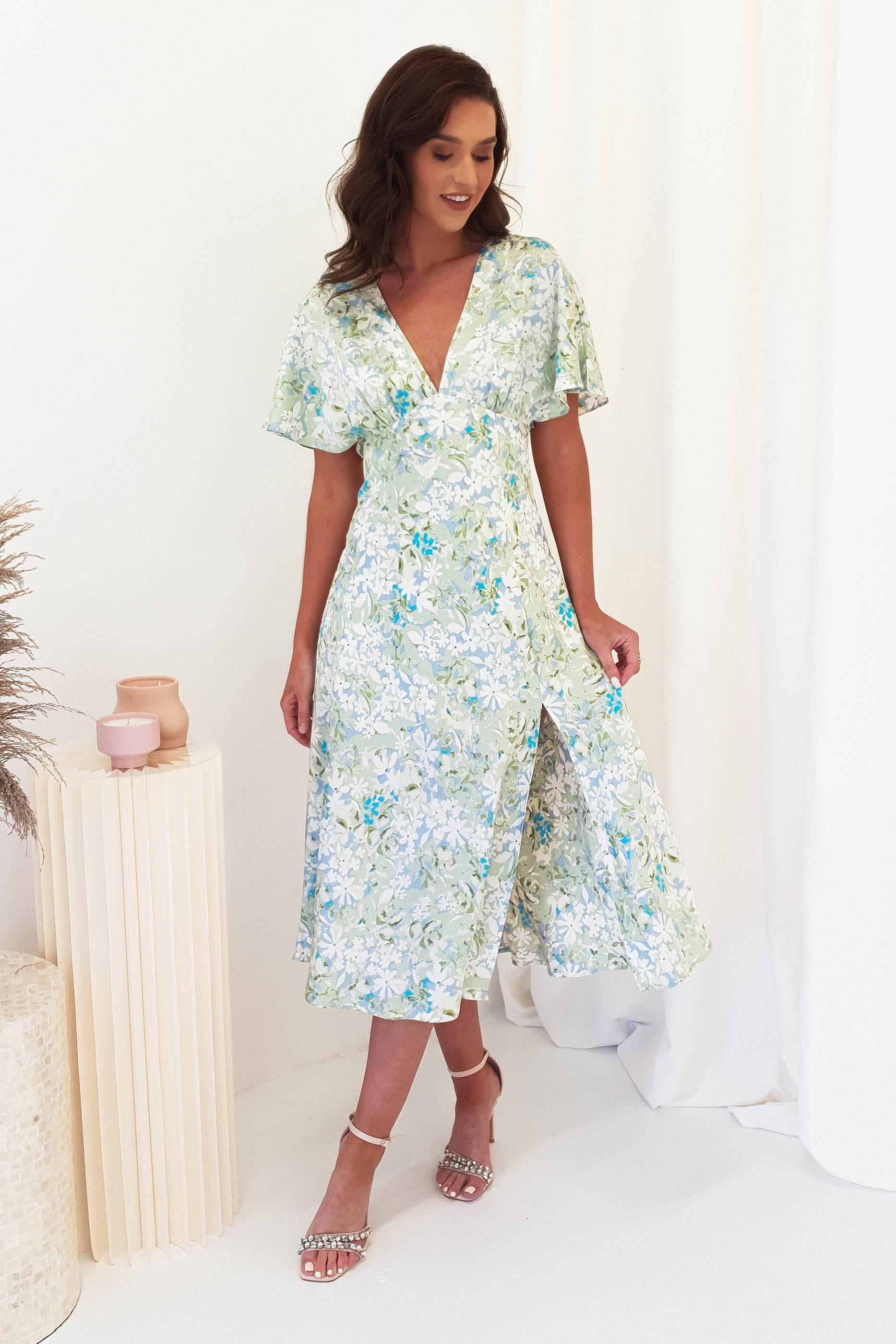 Ashtina Floral Midi Midi Dress | Light Green