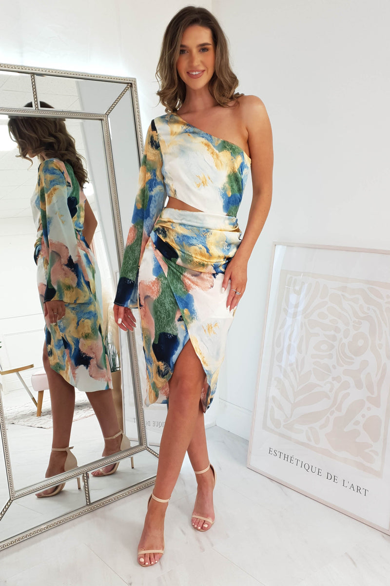 Elliot Abstract Satin Midi Dress | Mixed Print
