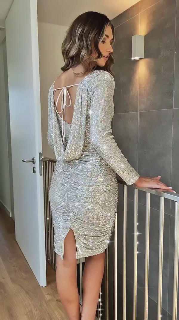 Mariah Sequin Midi Dress | Silver/Champagne