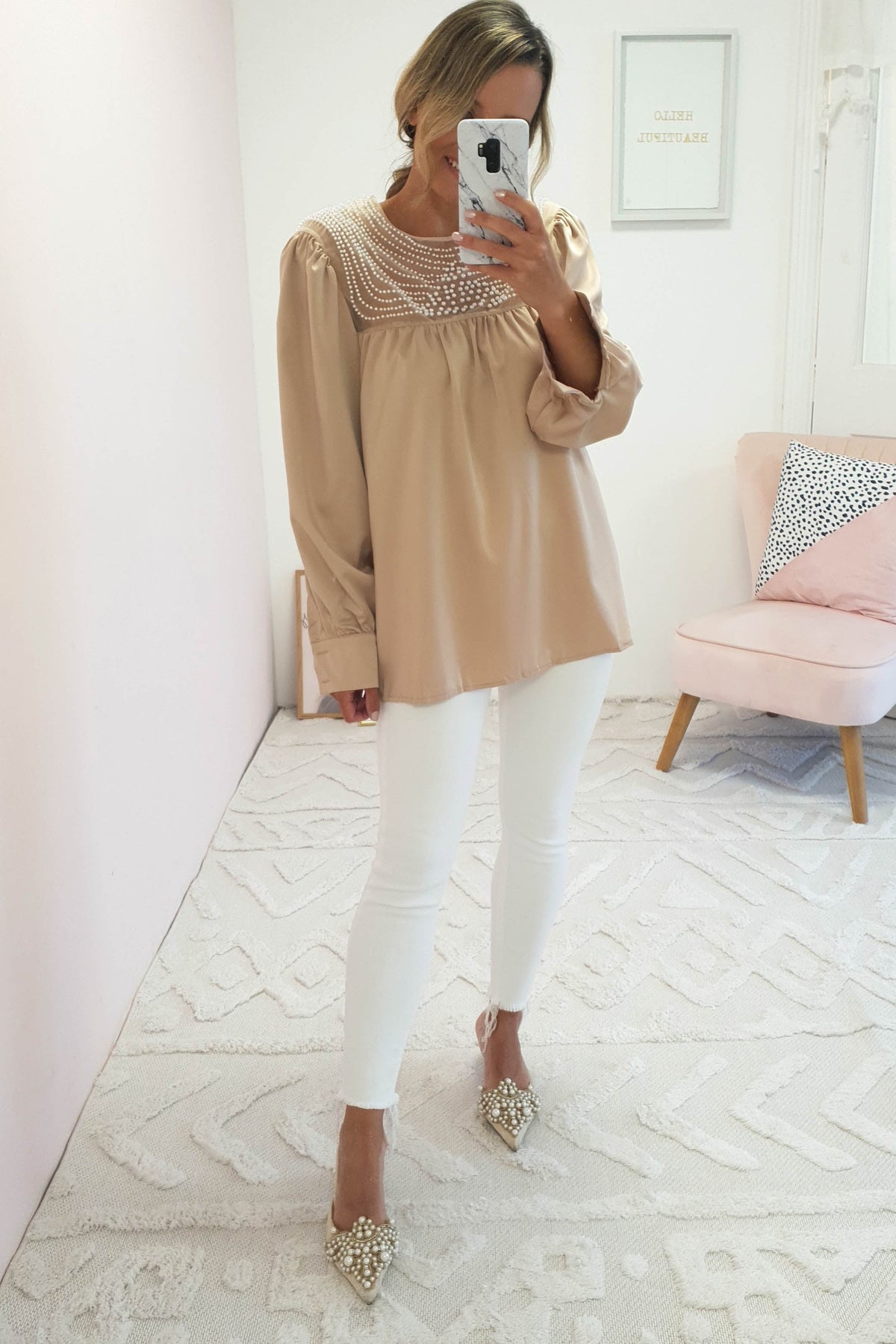 Barbara Pearl Detail Top | Beige-Oh Hello Clothing