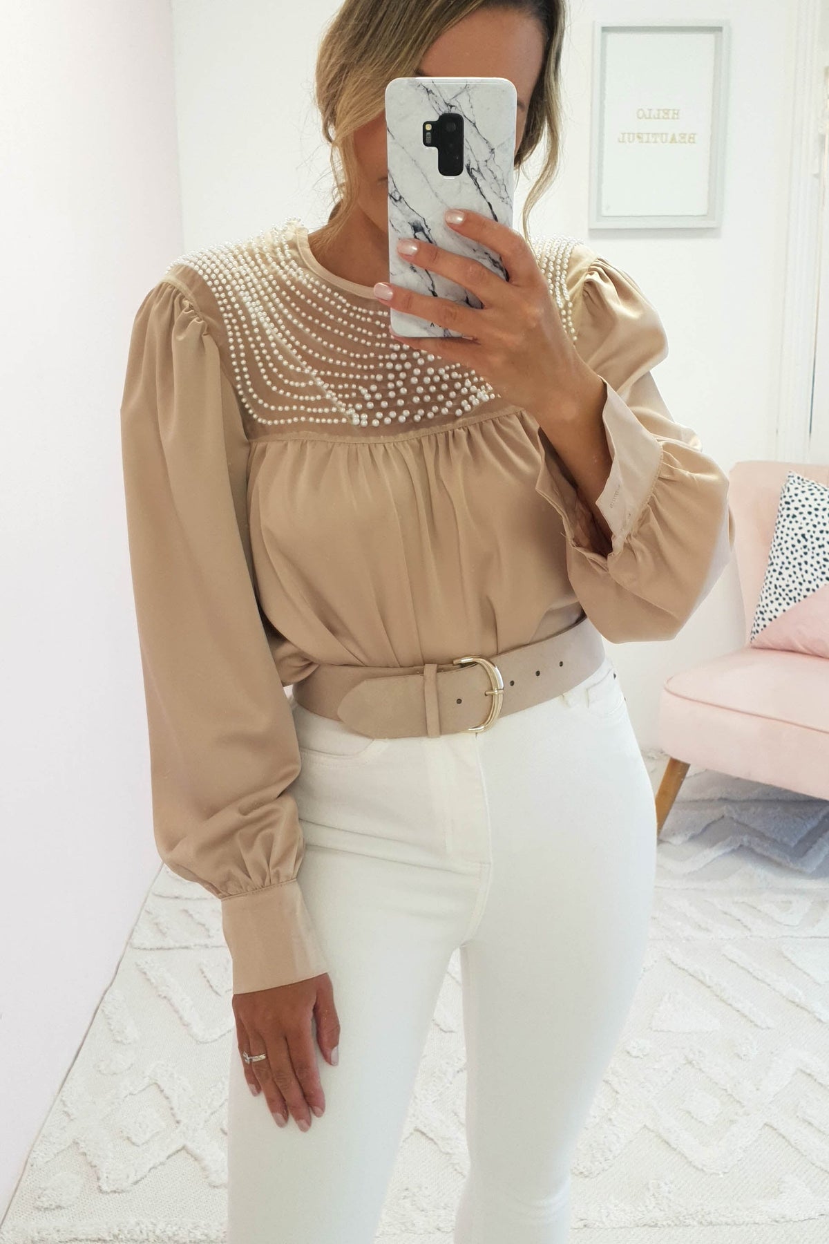 Barbara Pearl Detail Top | Beige-Oh Hello Clothing