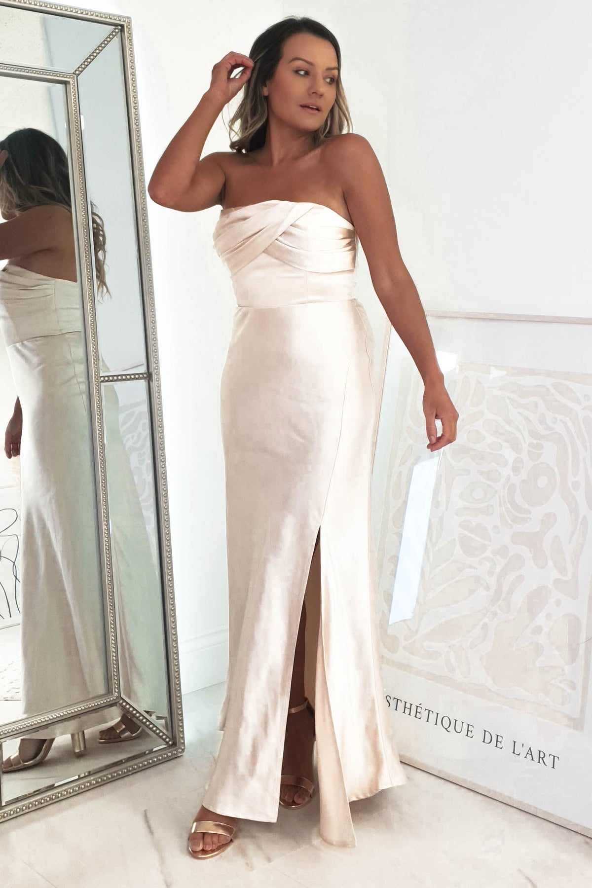 Everly Strapless Satin Midi Dress | Champange-Oh Hello Clothing