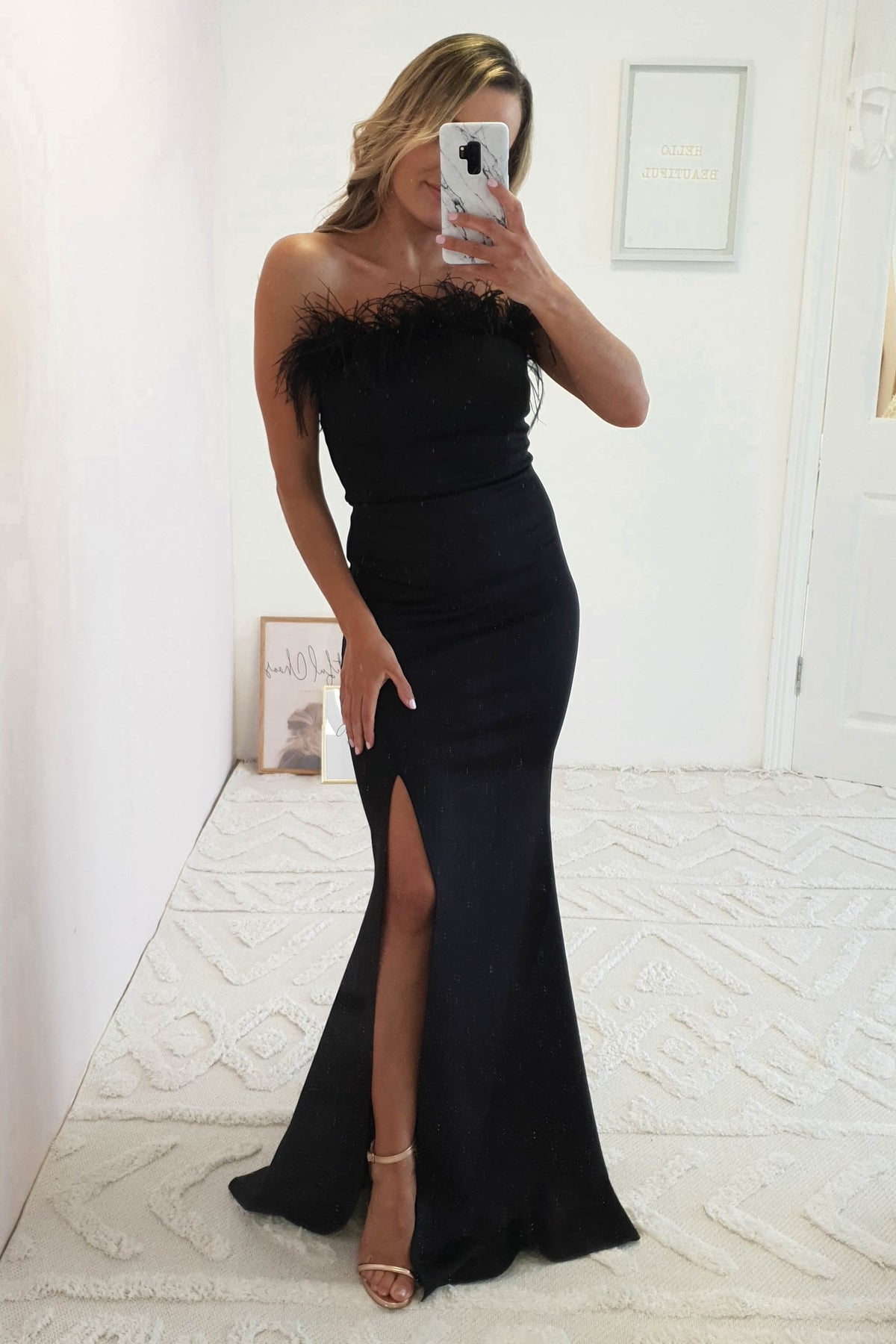 Nalani Feather Detail Gown | Black-Oh Hello Clothing