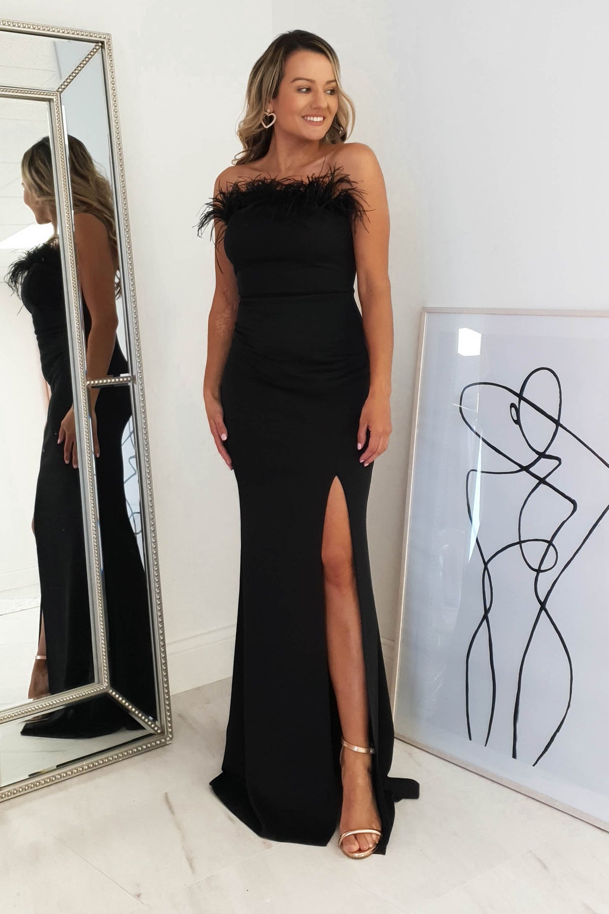 Nalani Feather Detail Gown | Black-Oh Hello Clothing