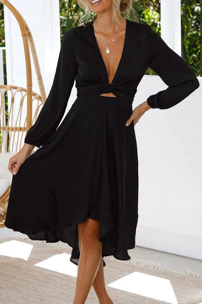 Nicola Satin Tie Front Midi Dress | Black-Oh Hello Clothing
