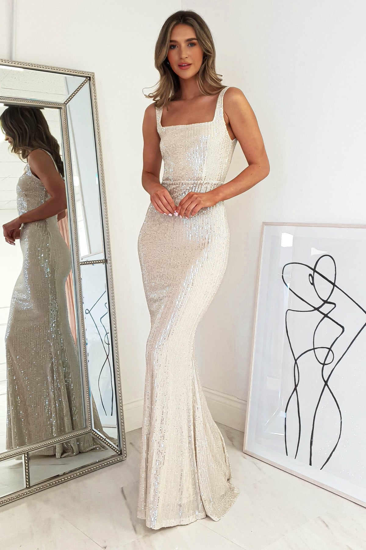 Sabrina Square Neck Gown | Champagne Sequins-Oh Hello Clothing
