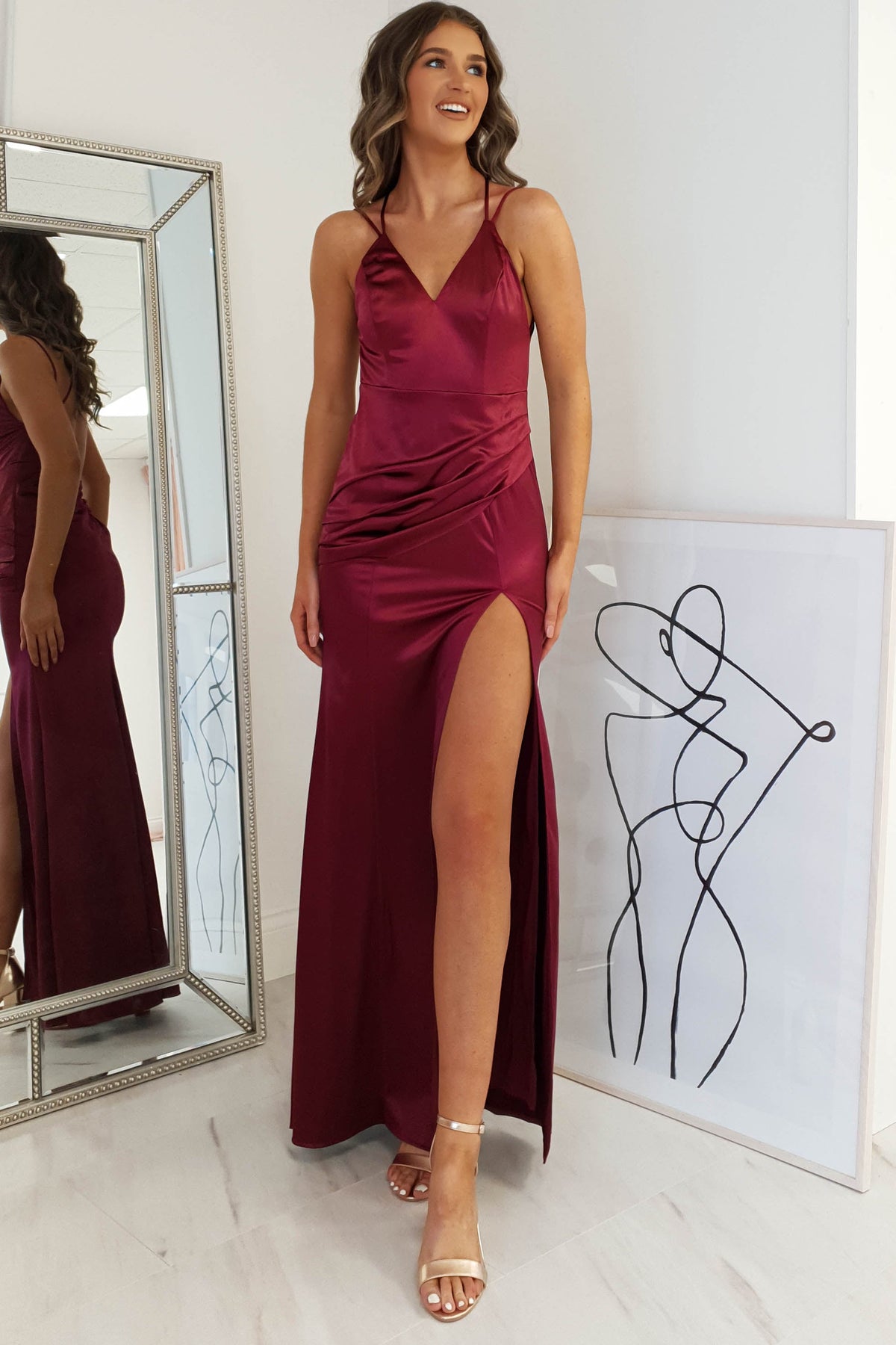 Simone Satin Gown | Burgundy-Oh Hello Clothing