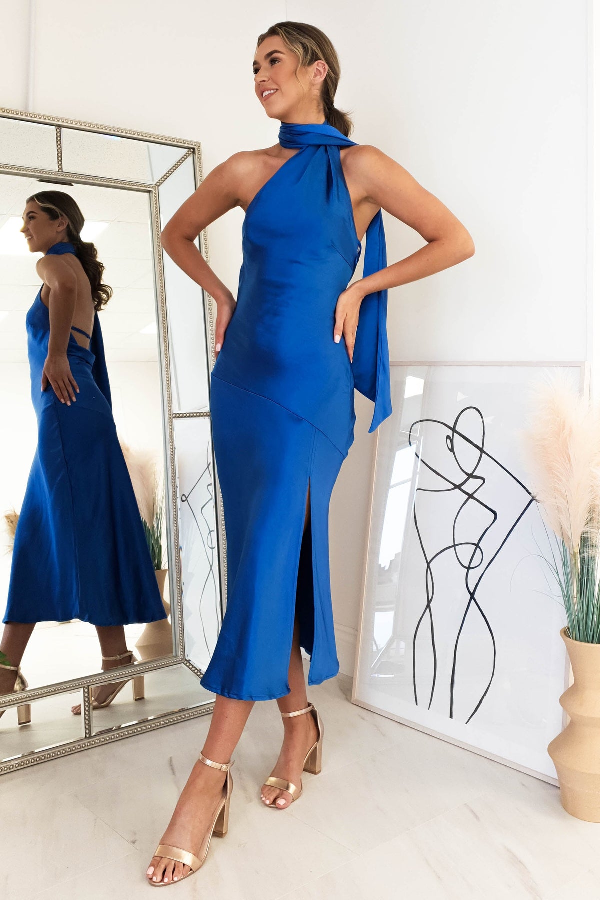 Thalia Soft Satin Midi Dress | Cobalt Blue-Oh Hello Clothing