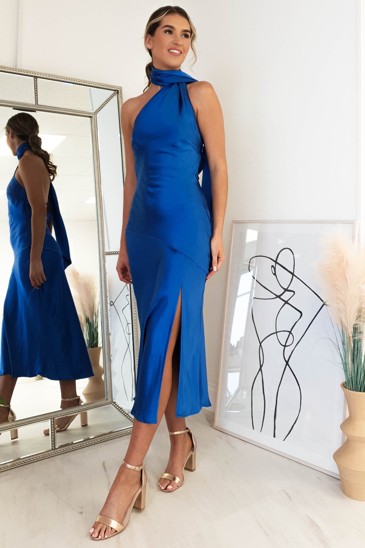 Thalia Soft Satin Midi Dress | Cobalt Blue-Oh Hello Clothing