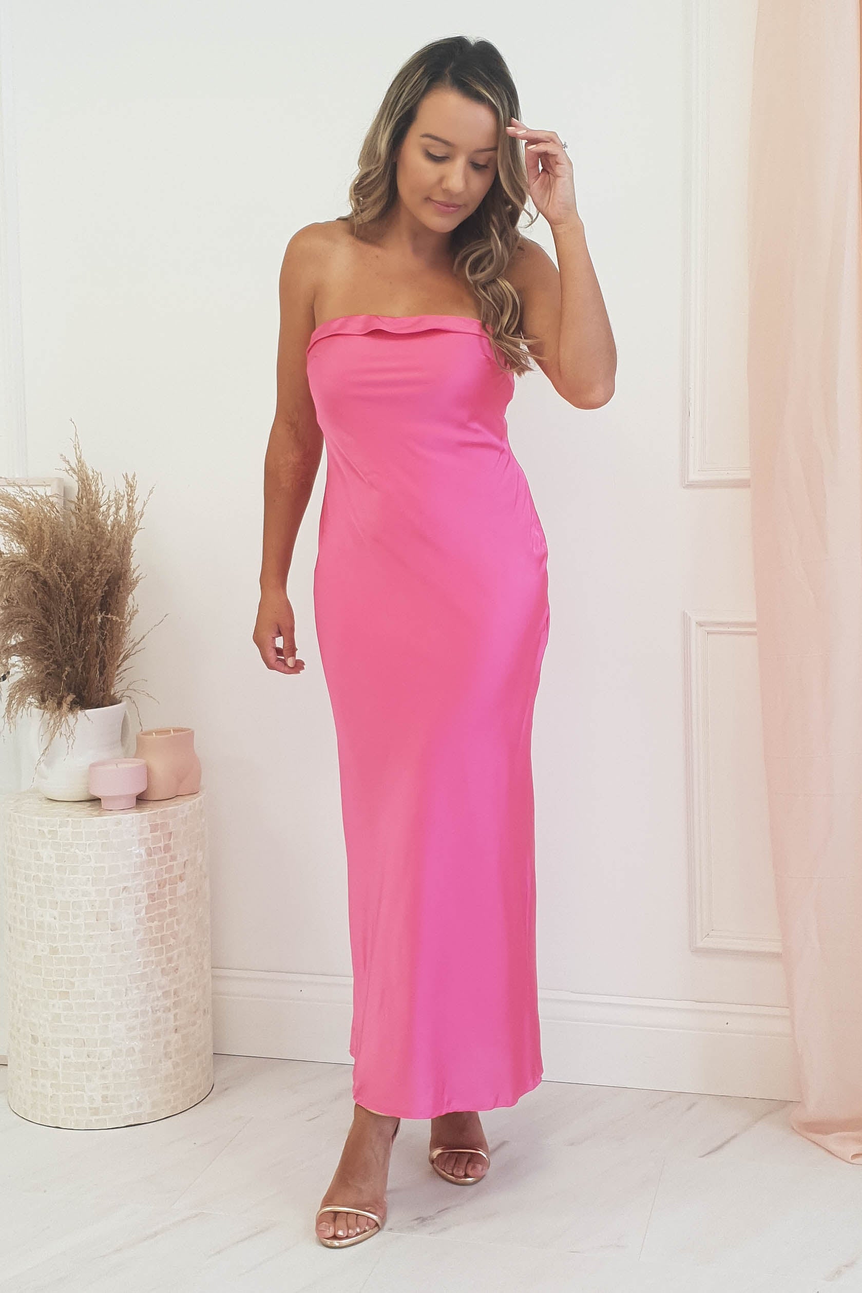 Allegra Stapless Satin Midi Dress | Hot Pink