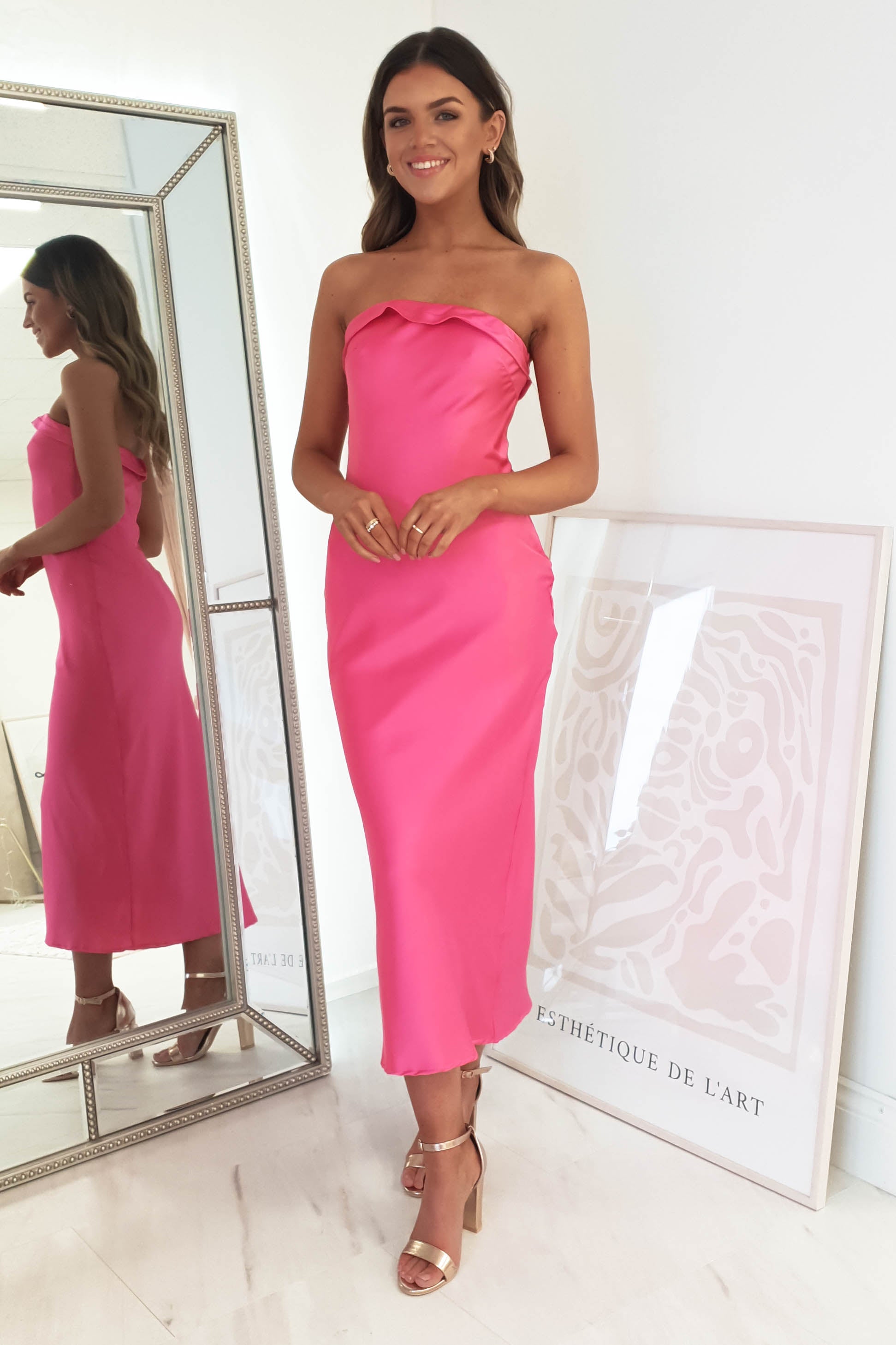 Allegra Stapless Satin Midi Dress | Hot Pink