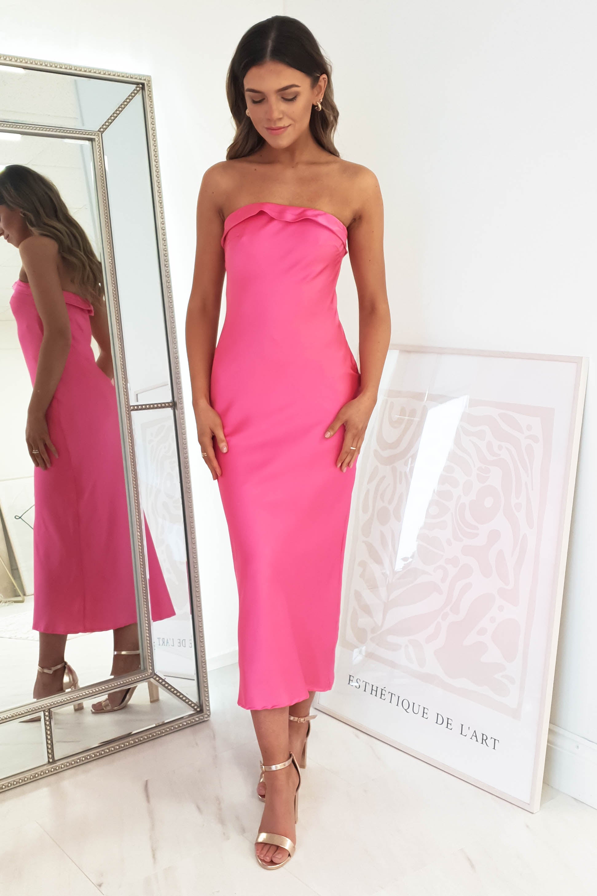 Allegra Stapless Satin Midi Dress | Hot Pink