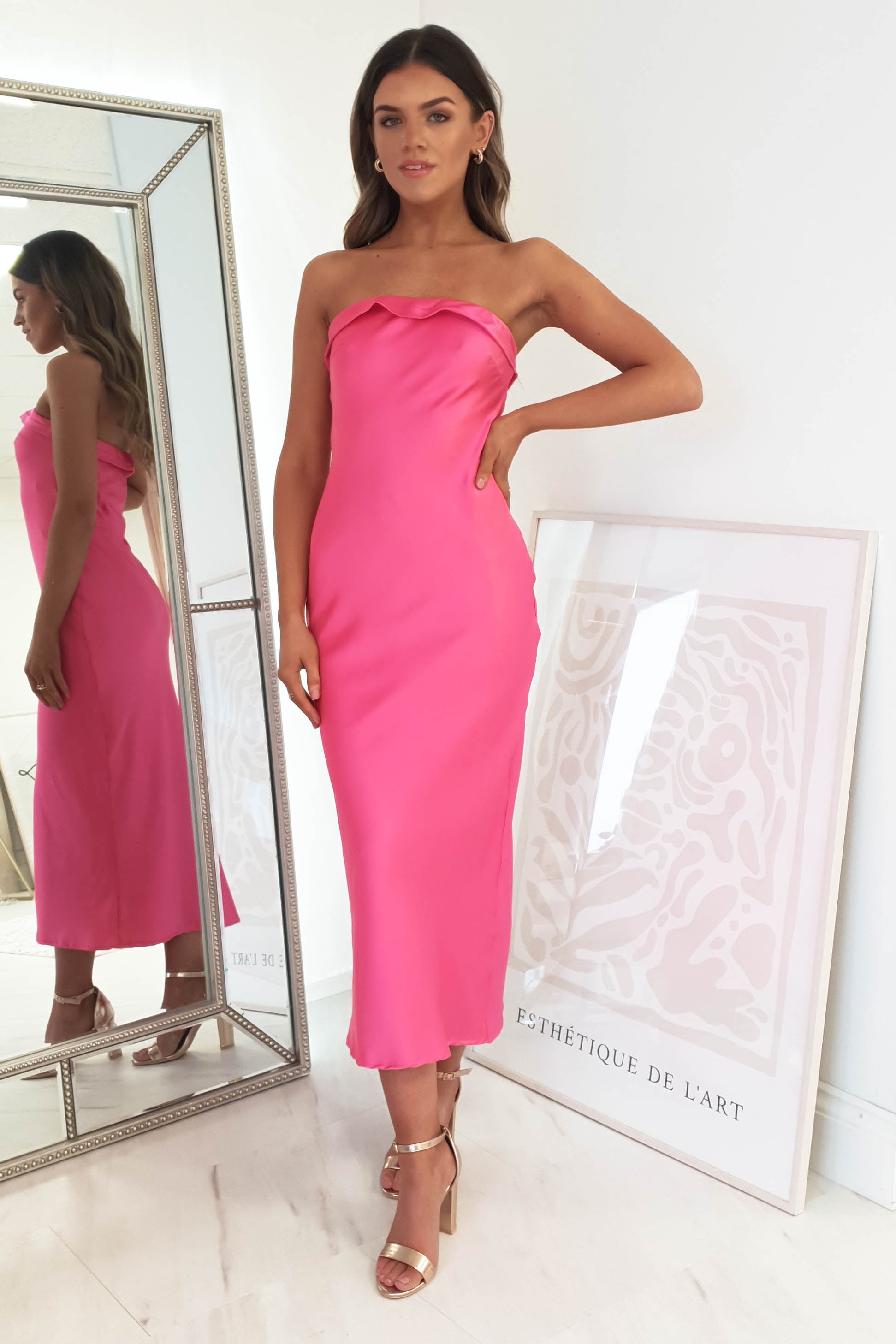 Allegra Stapless Satin Midi Dress Hot Pink