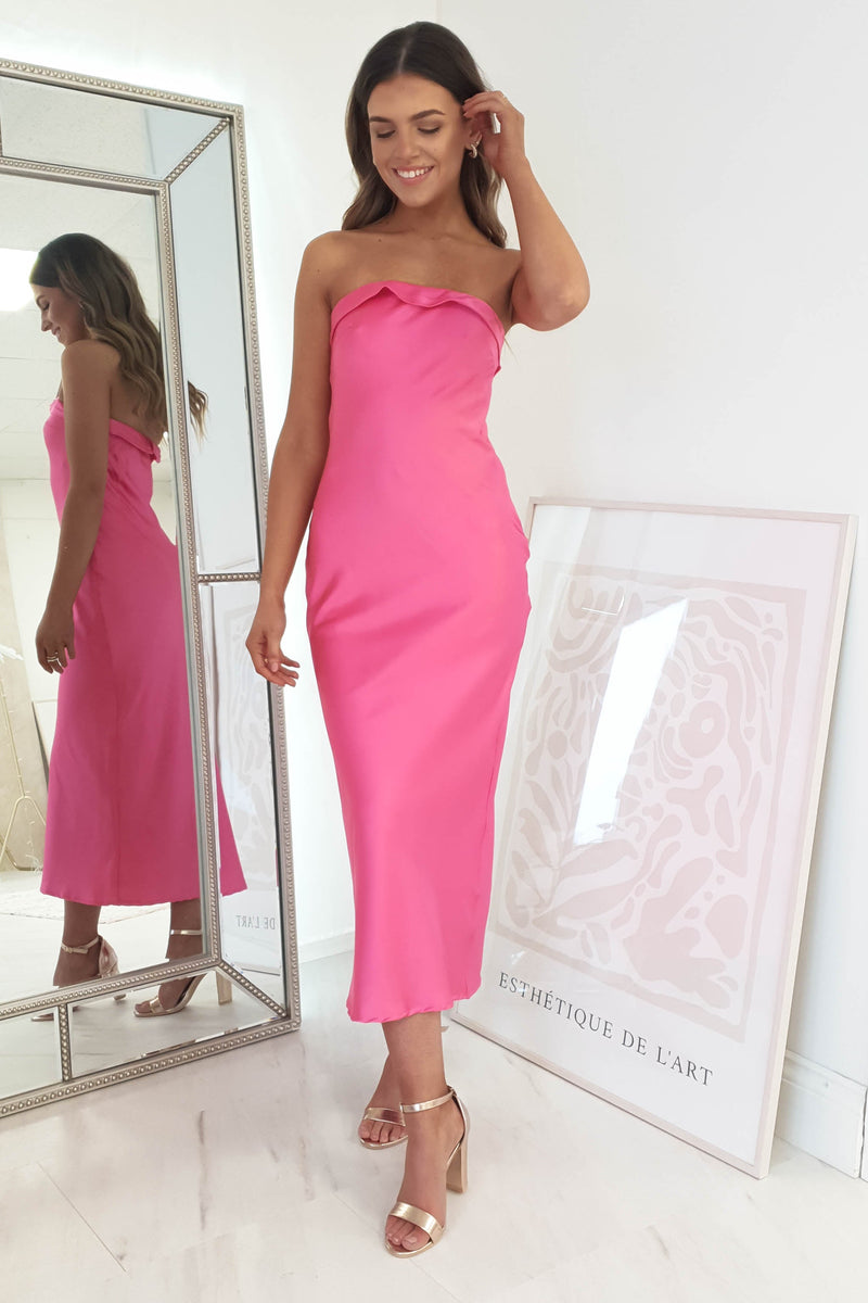 Allegra Stapless Satin Midi Dress | Hot Pink