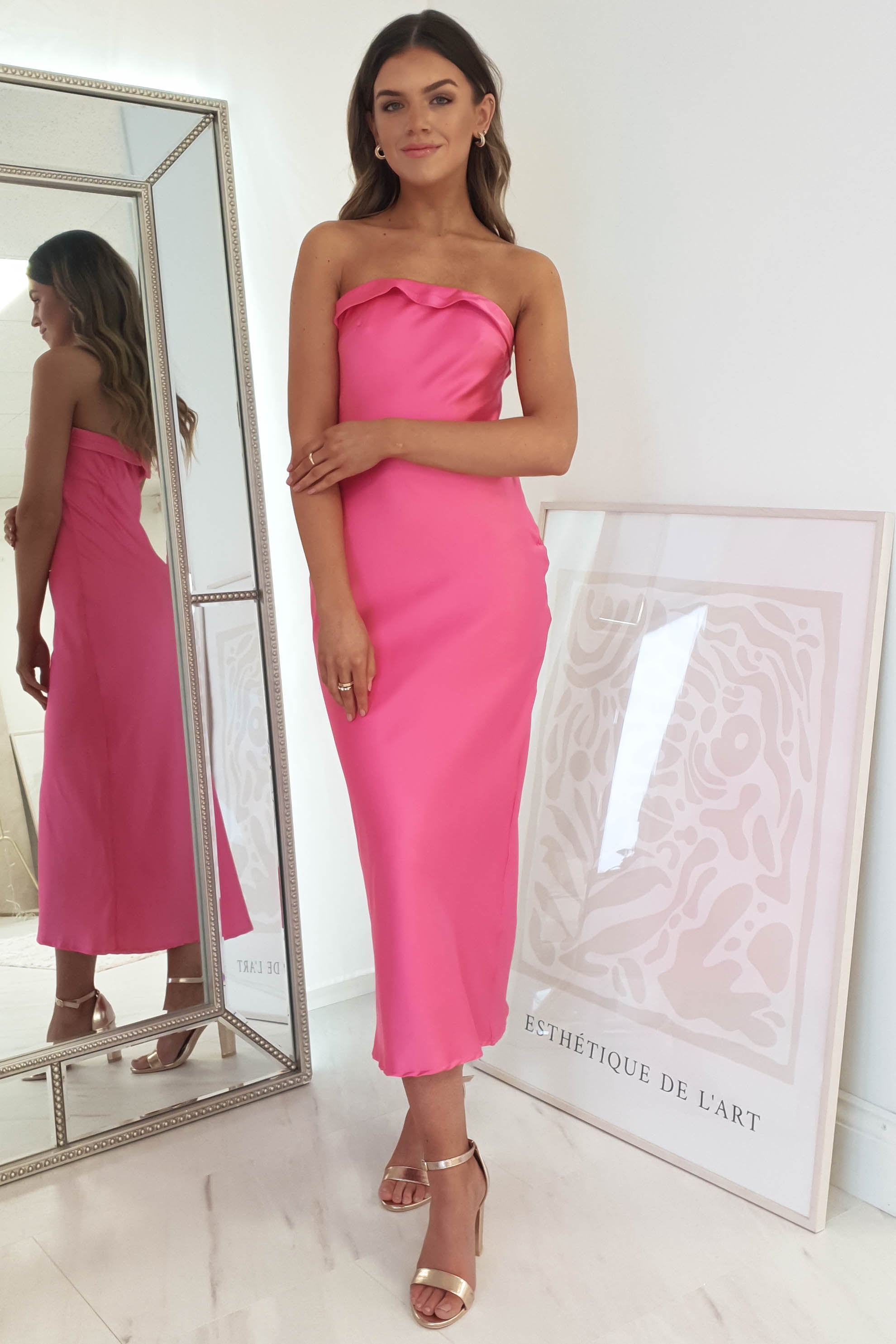 Allegra Stapless Satin Midi Dress | Hot Pink