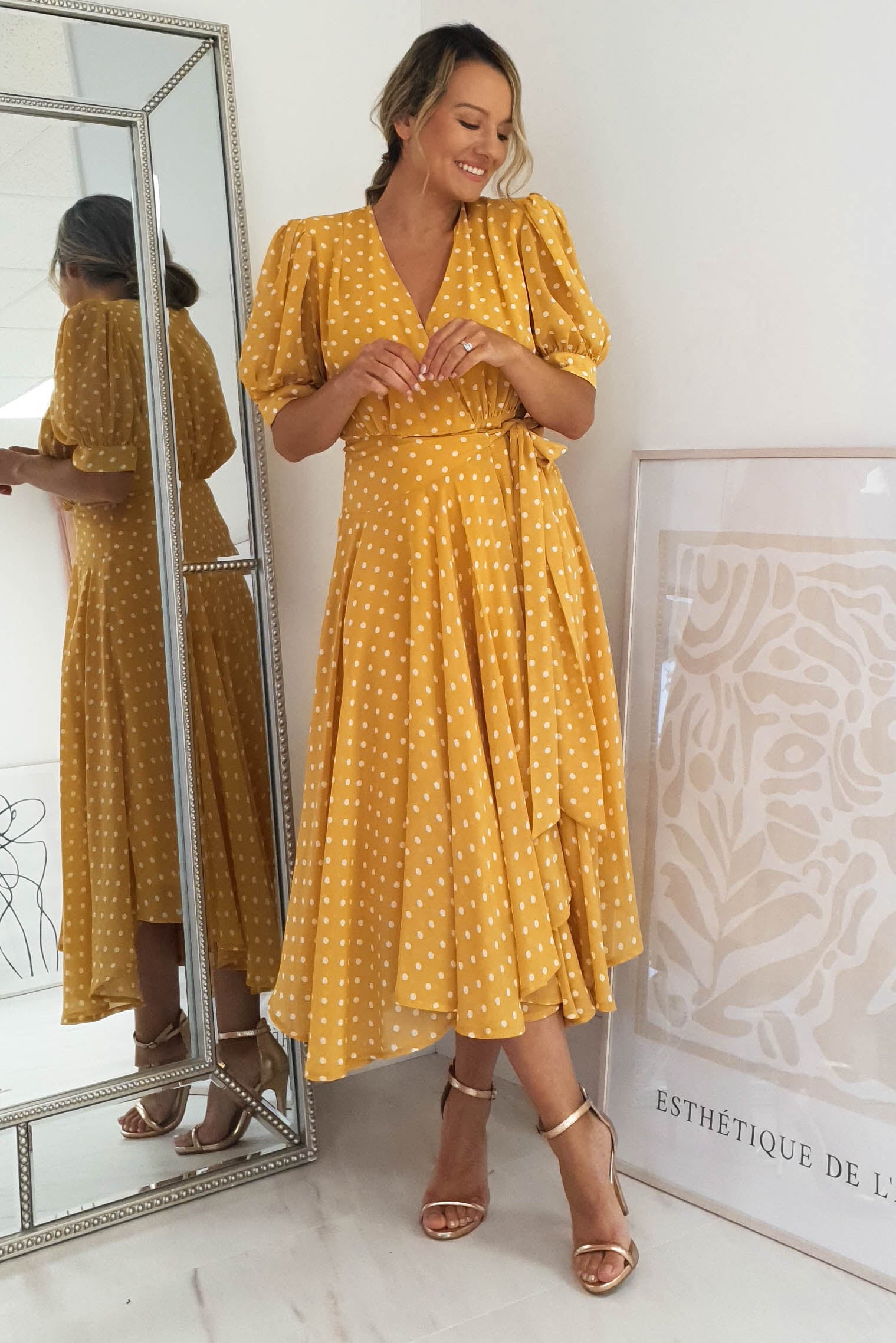 Mustard polka hot sale dot wrap dress