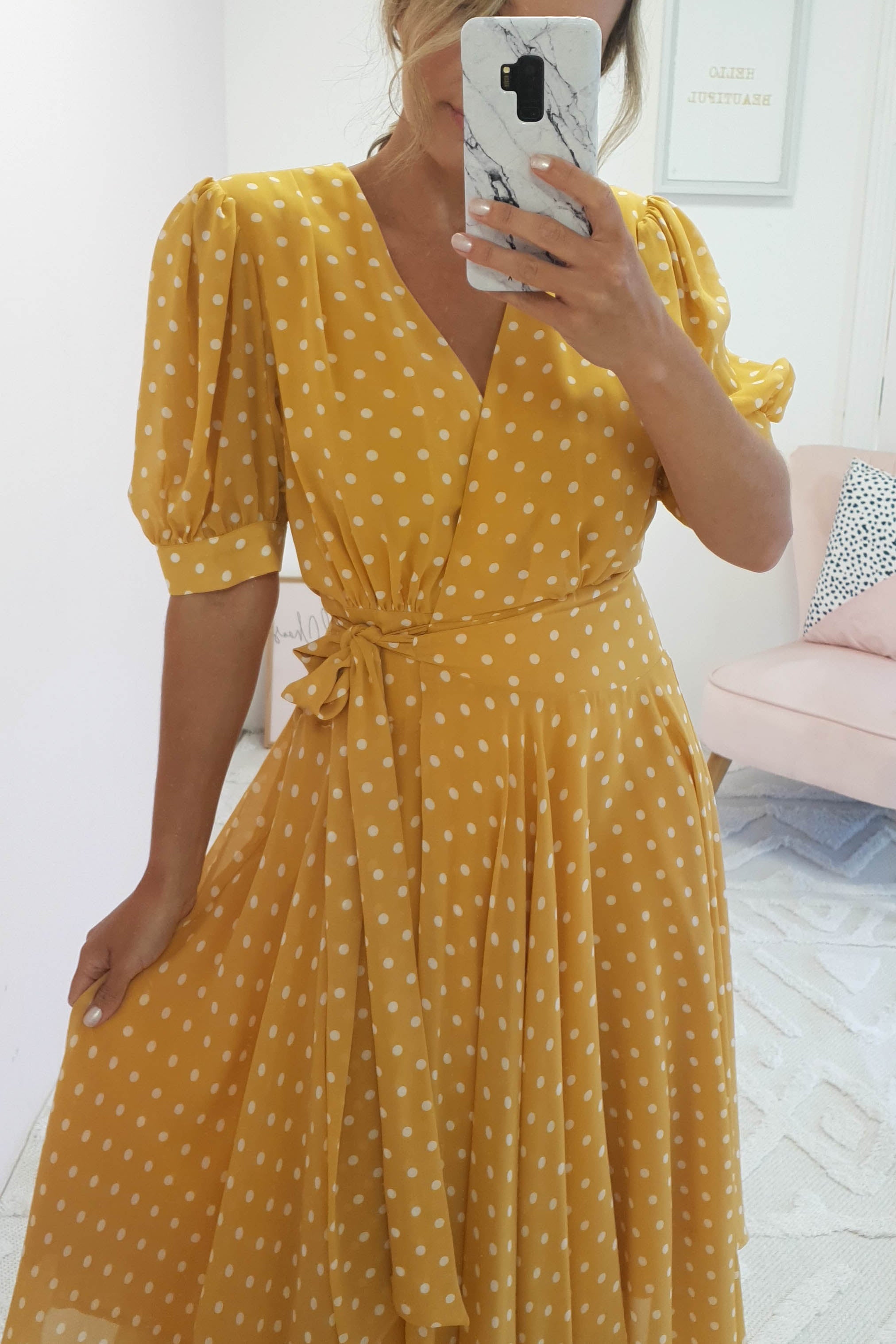 Mustard polka outlet dot wrap dress