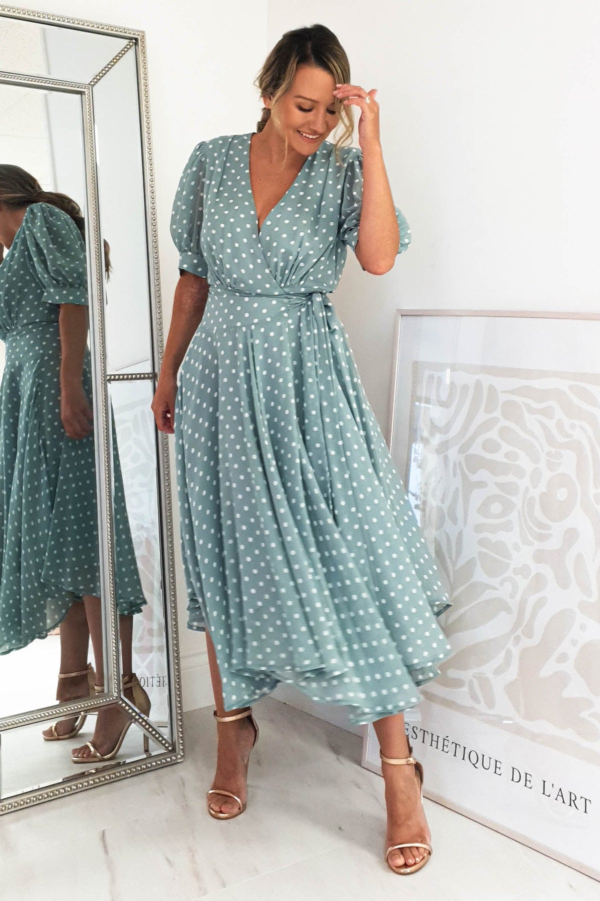 sage green polka dot draped underwire detail midi dress Andrea Polka Dot Midi Dress