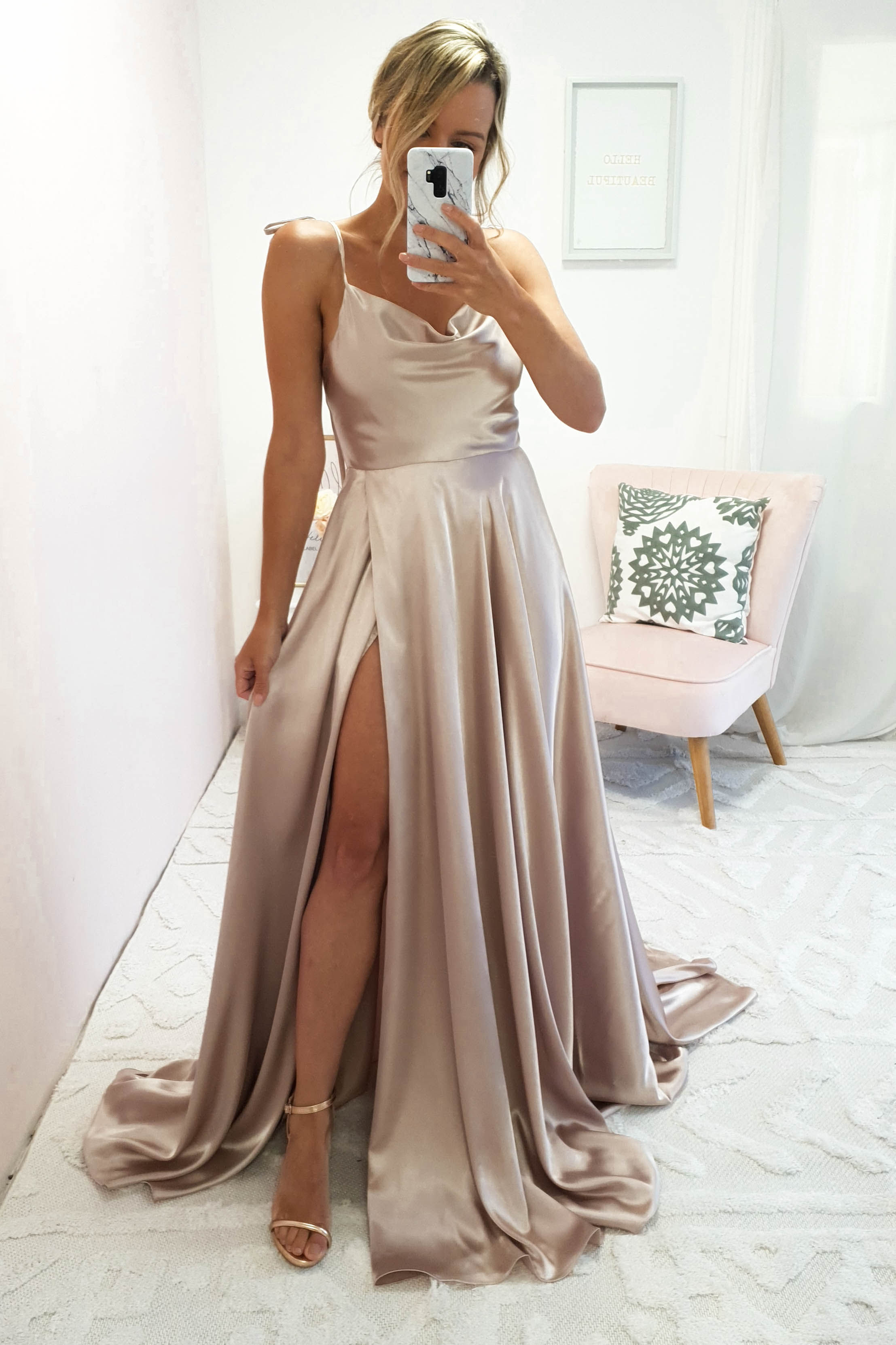 Anna Cowl Neckline Gown Champagne Oh Hello Clothing