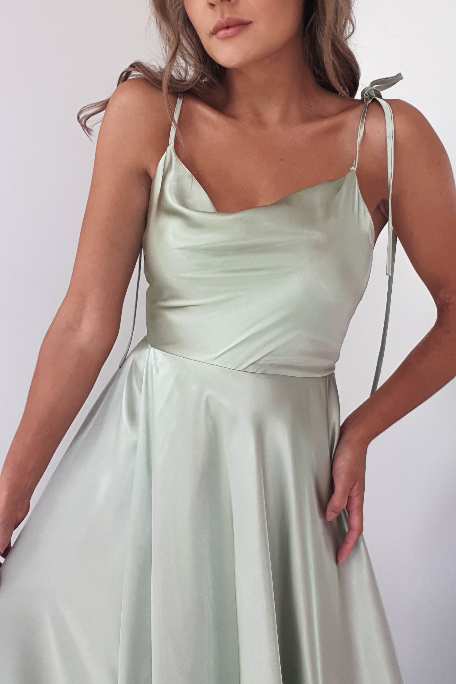 Full Length Satin Angelica Gown - XS / Sage