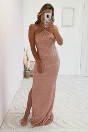 Brayson Halter Neck Sequin Gown | Rose Gold