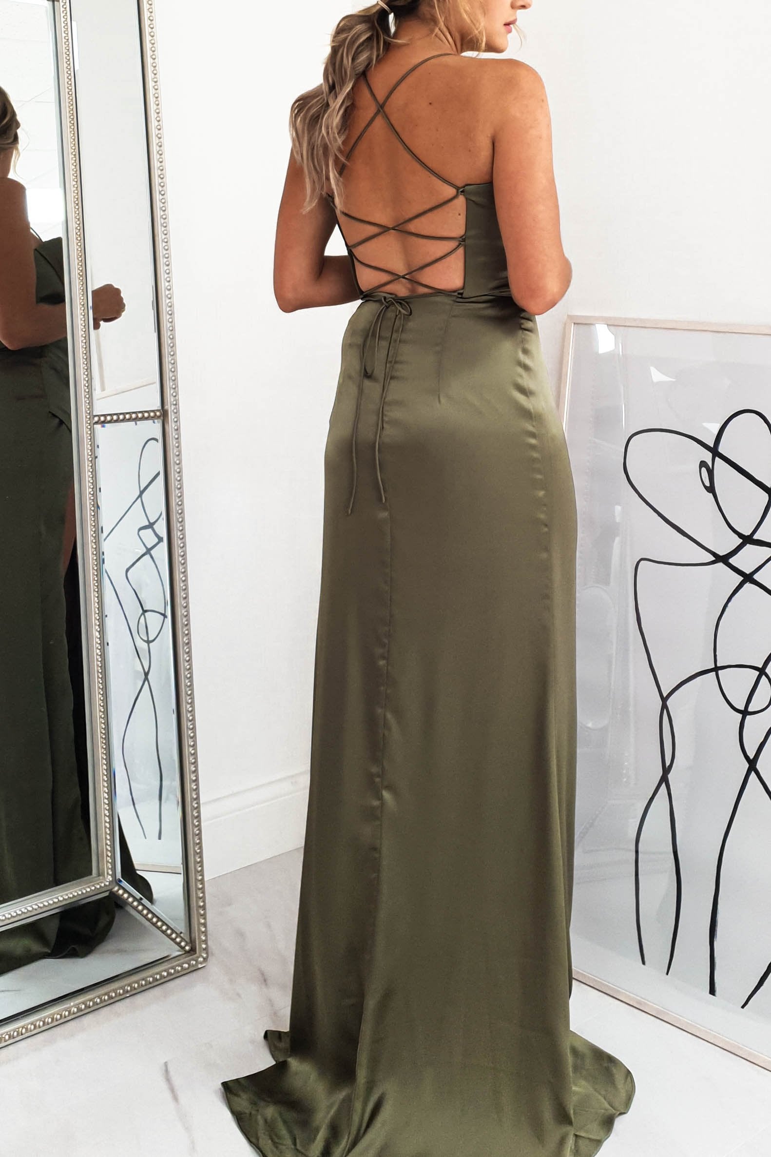 Cally High Slit Corset Gown | Olive