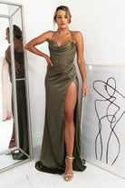 Cally High Slit Corset Gown | Olive | Debs & Prom | Formal Gown | Oh Hello Clothing