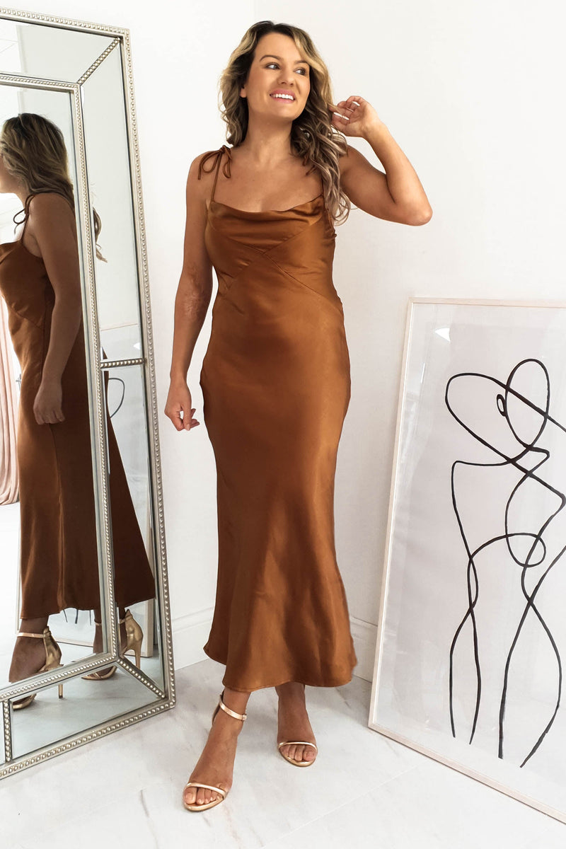 Camille Satin Midi Dress | Rust