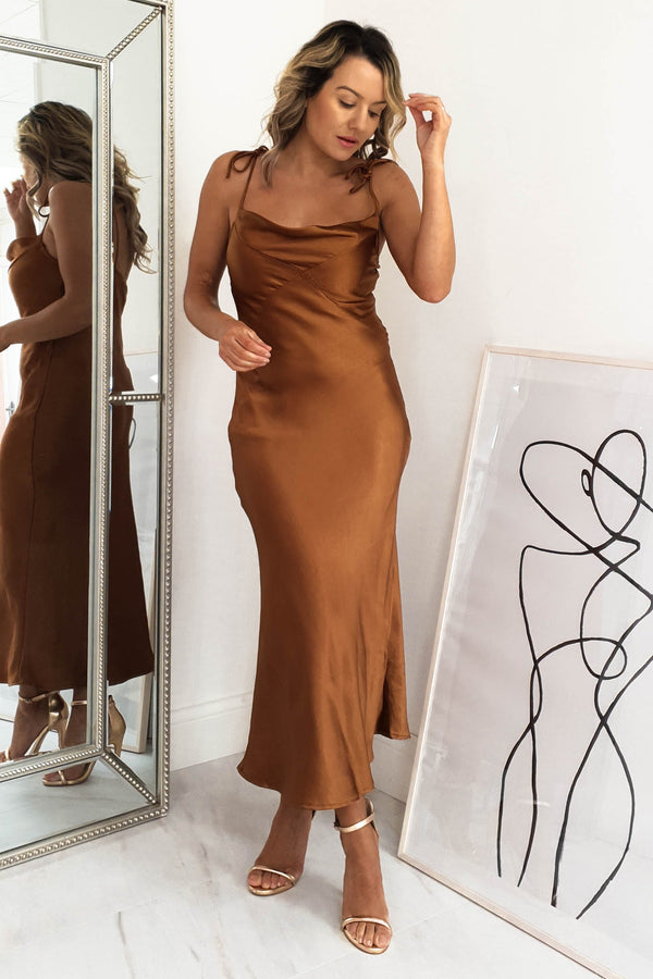 Camille Satin Midi Dress | Rust