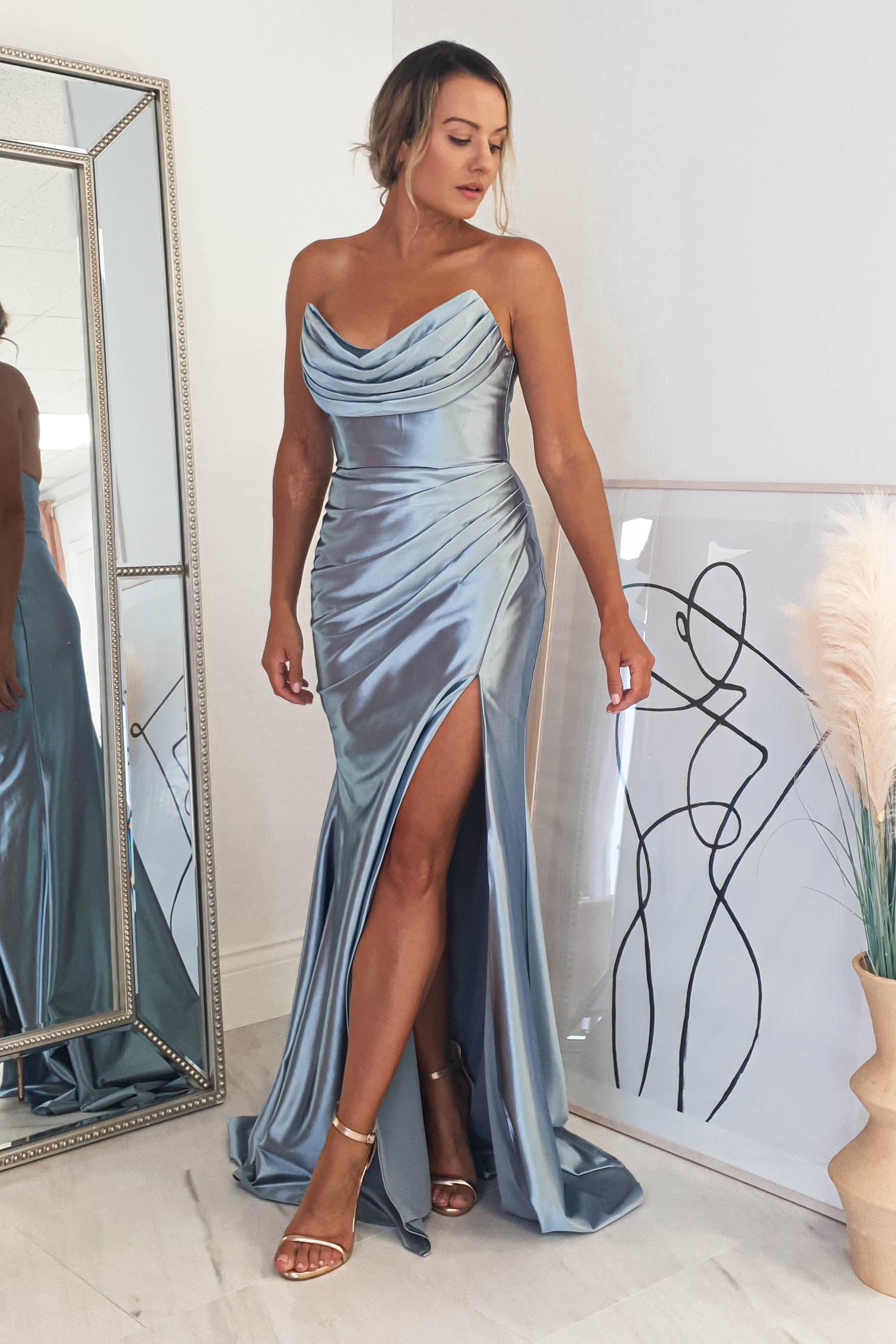 Dusty blue satin outlet dress