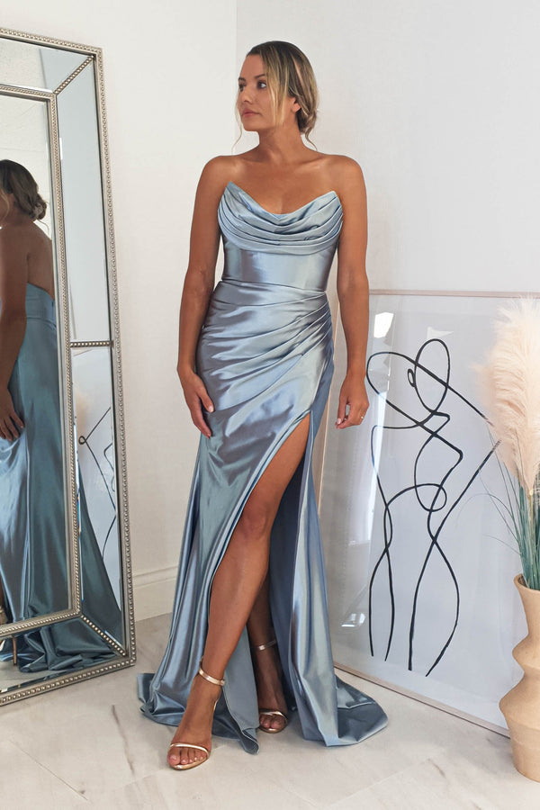 Caralina Fitted Satin Gown | Dusty Blue