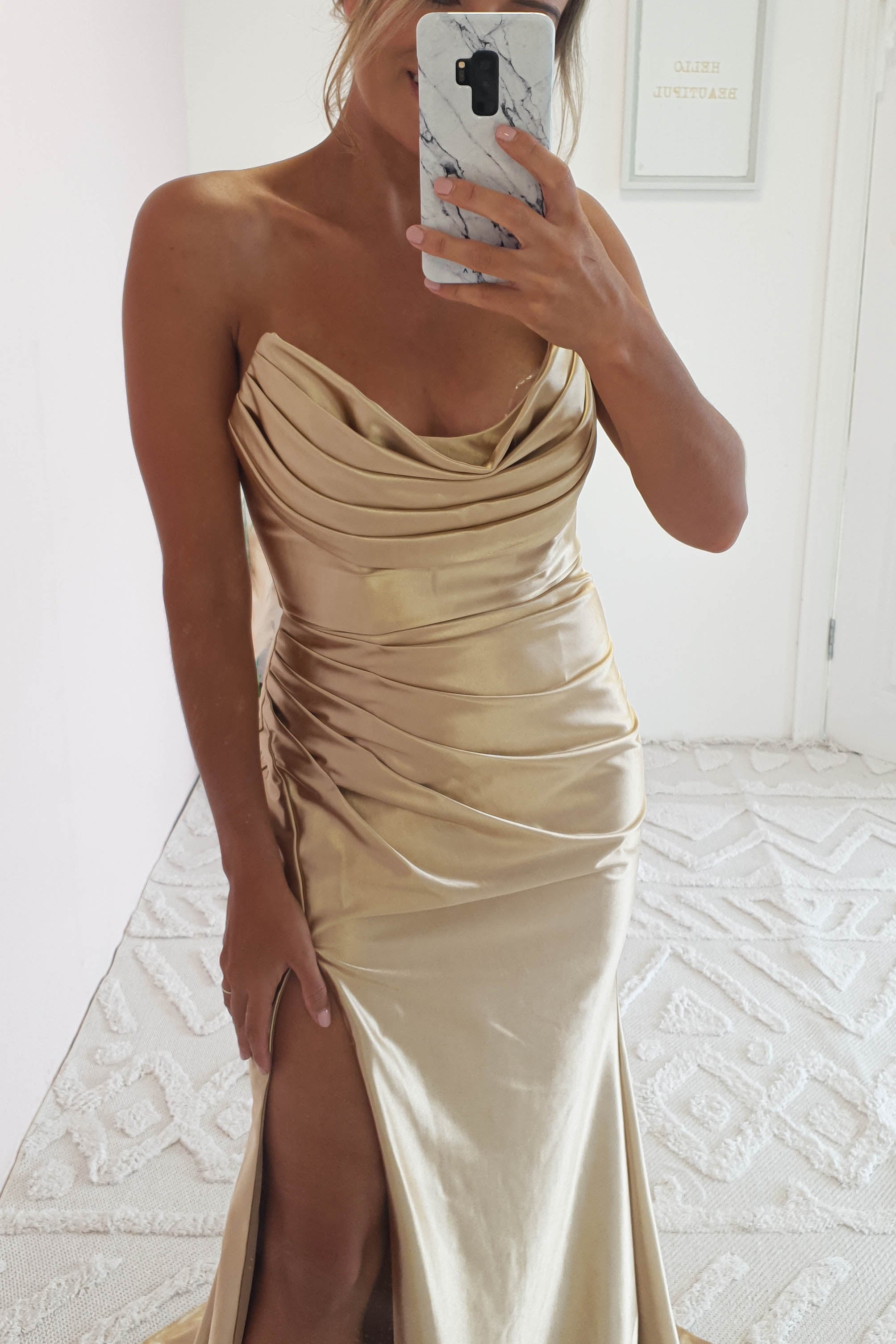 Caralina Fitted Strapless Satin Gown | Gold