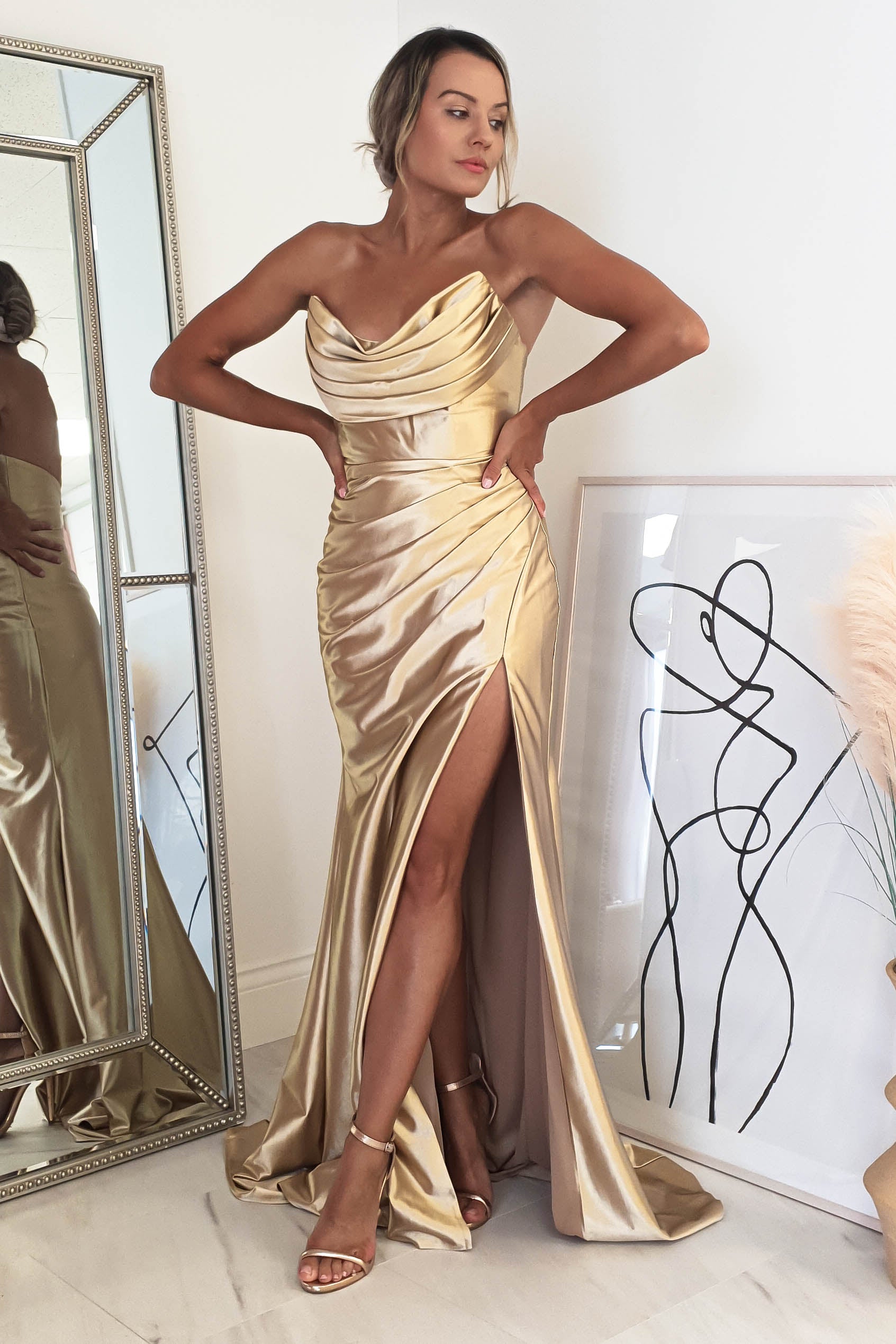 Caralina Fitted Strapless Satin Gown | Gold