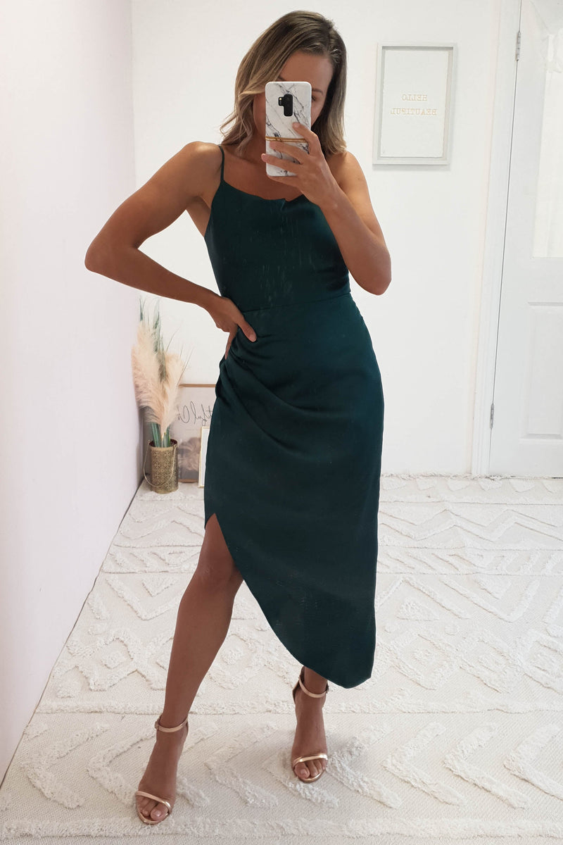 Carley Soft Satin Midi Dress | Forest Green