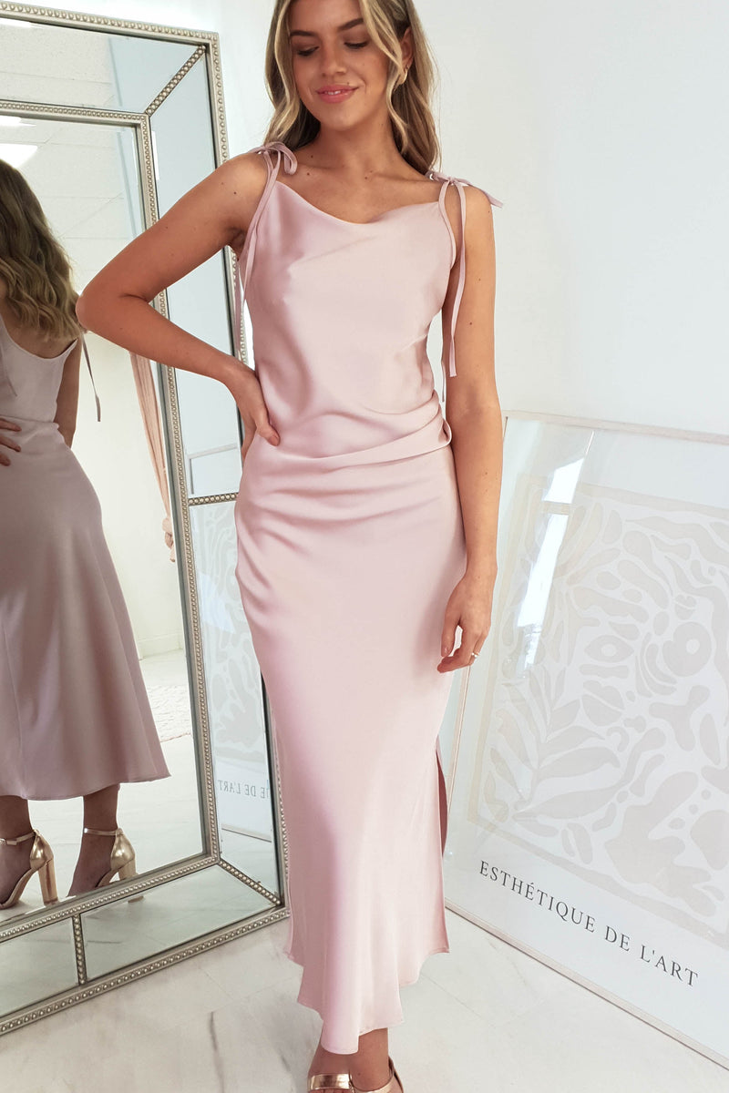 Clarisse Satin Midi Dress | Baby Pink