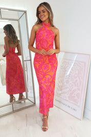 Claudina Halter Neck Midi Dress | Pink/Orange Print
