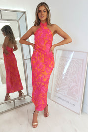 Claudina Halter Neck Midi Dress | Pink/Orange Print