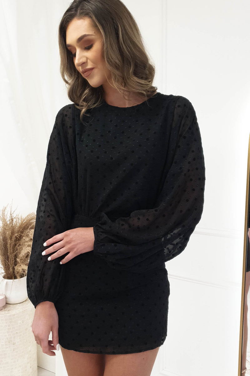 Cleo Polka Dot Detail Mini Dress | Black