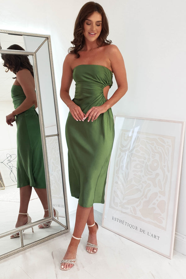 Naomi Satin Strapless Midi Dress | Olive